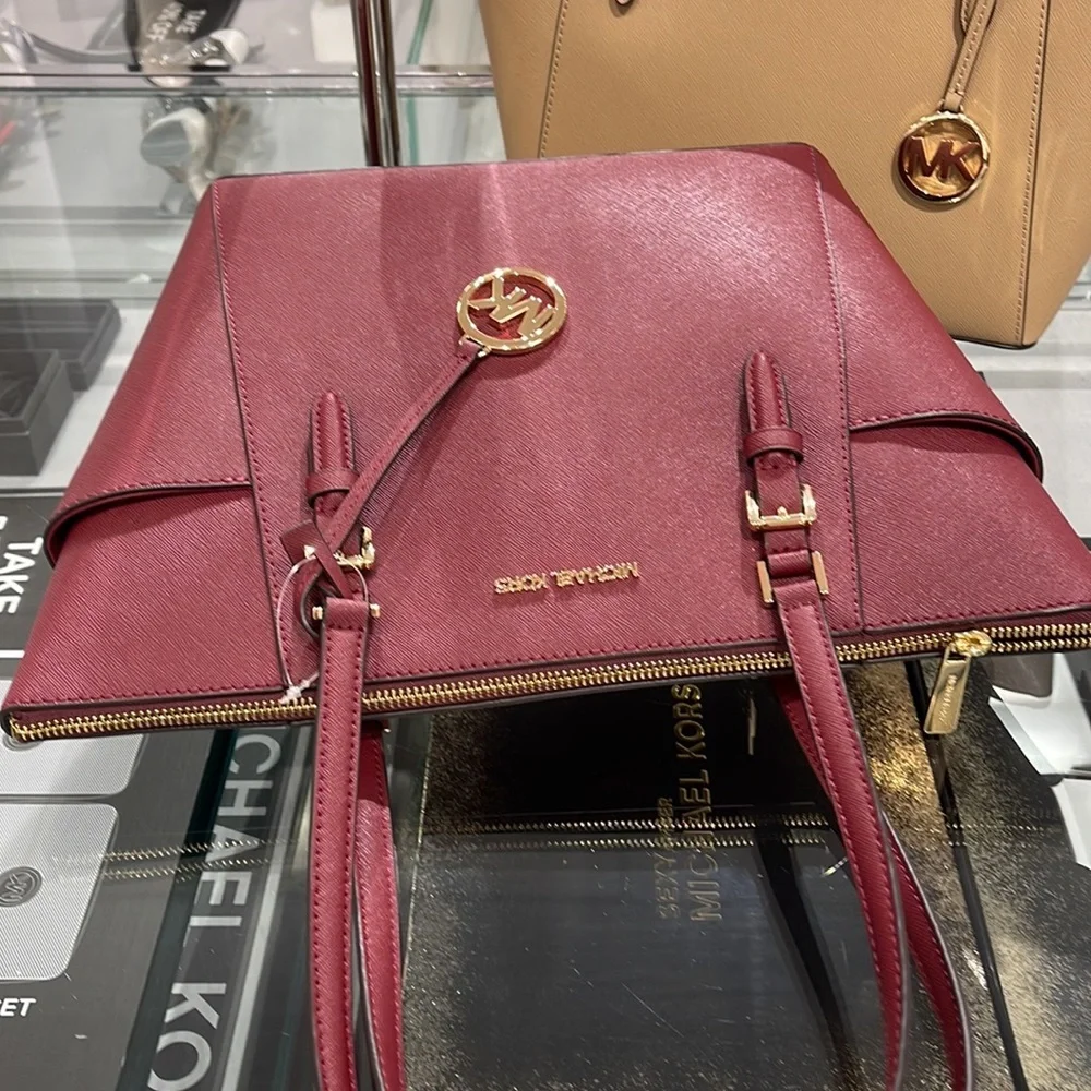 MICHAEL KORS Charlotte Large Leather Top-Zip Tote Dark Cherry  NWT
